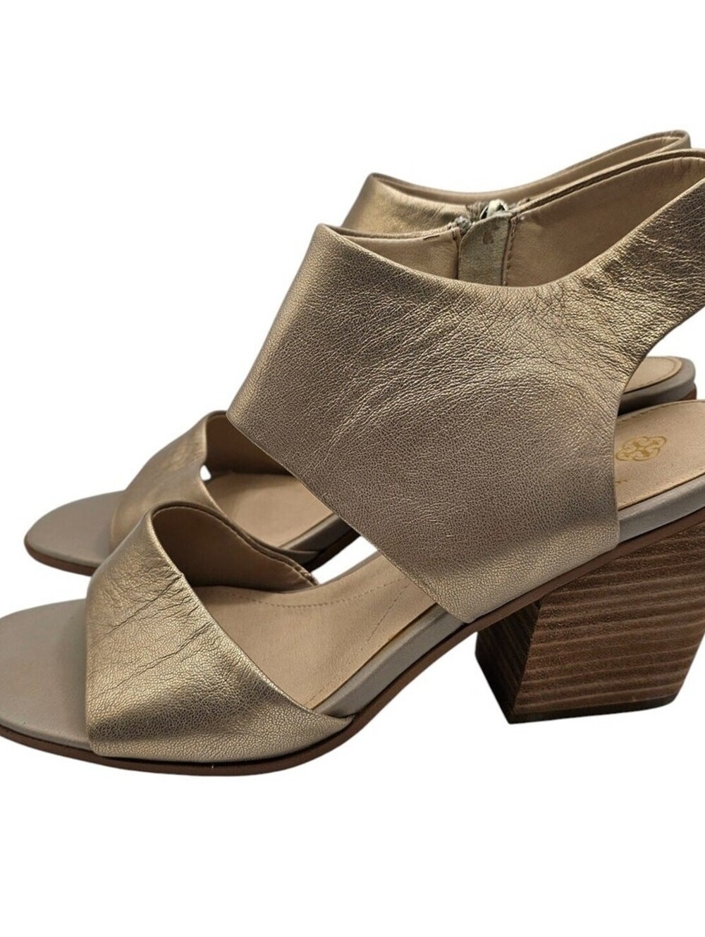 ISOLA SPARKLING GOLD LEATHER BLOCK HEEL PUMPS OPEN TOE ZIPPER SANDALS SIZE 11